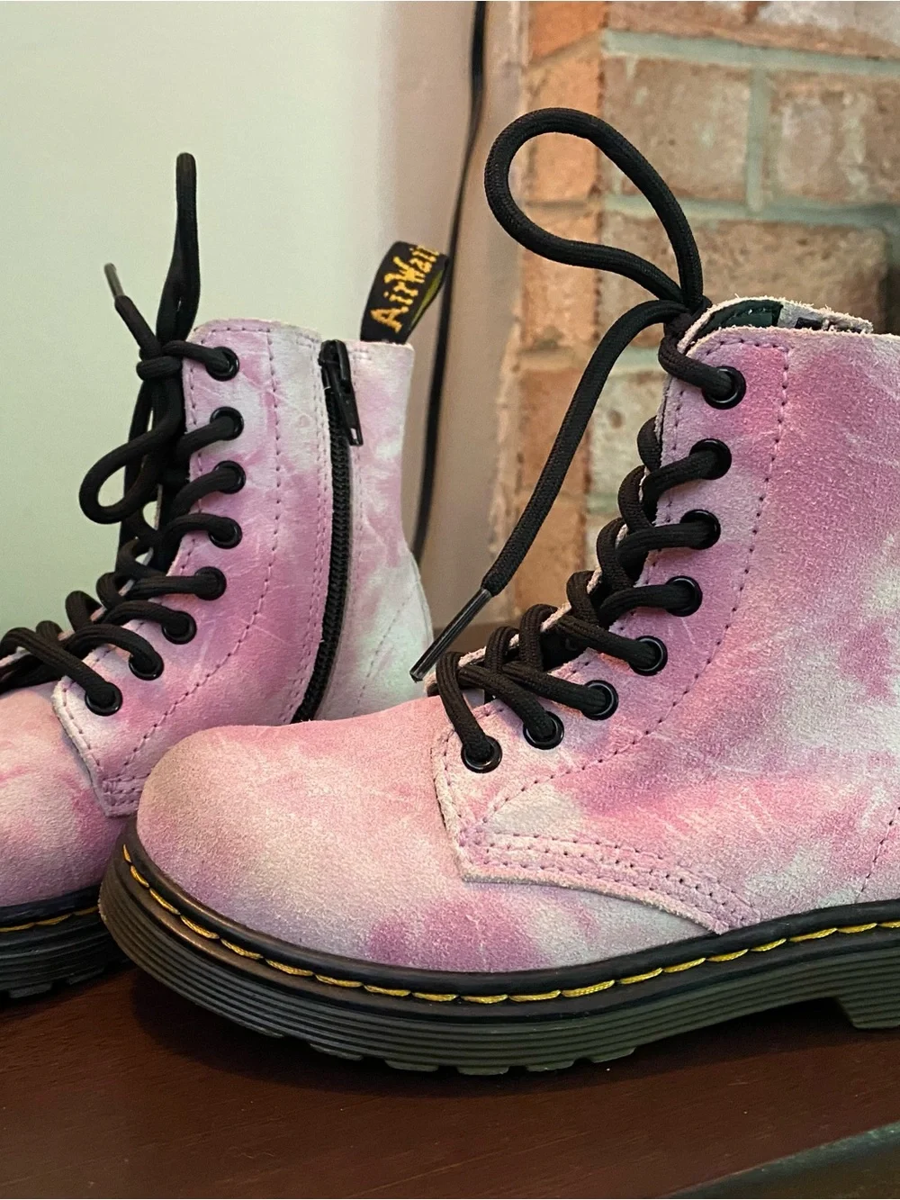 Dr. Martens Pink Suede Kids Lace-Up Boots with Black Laces